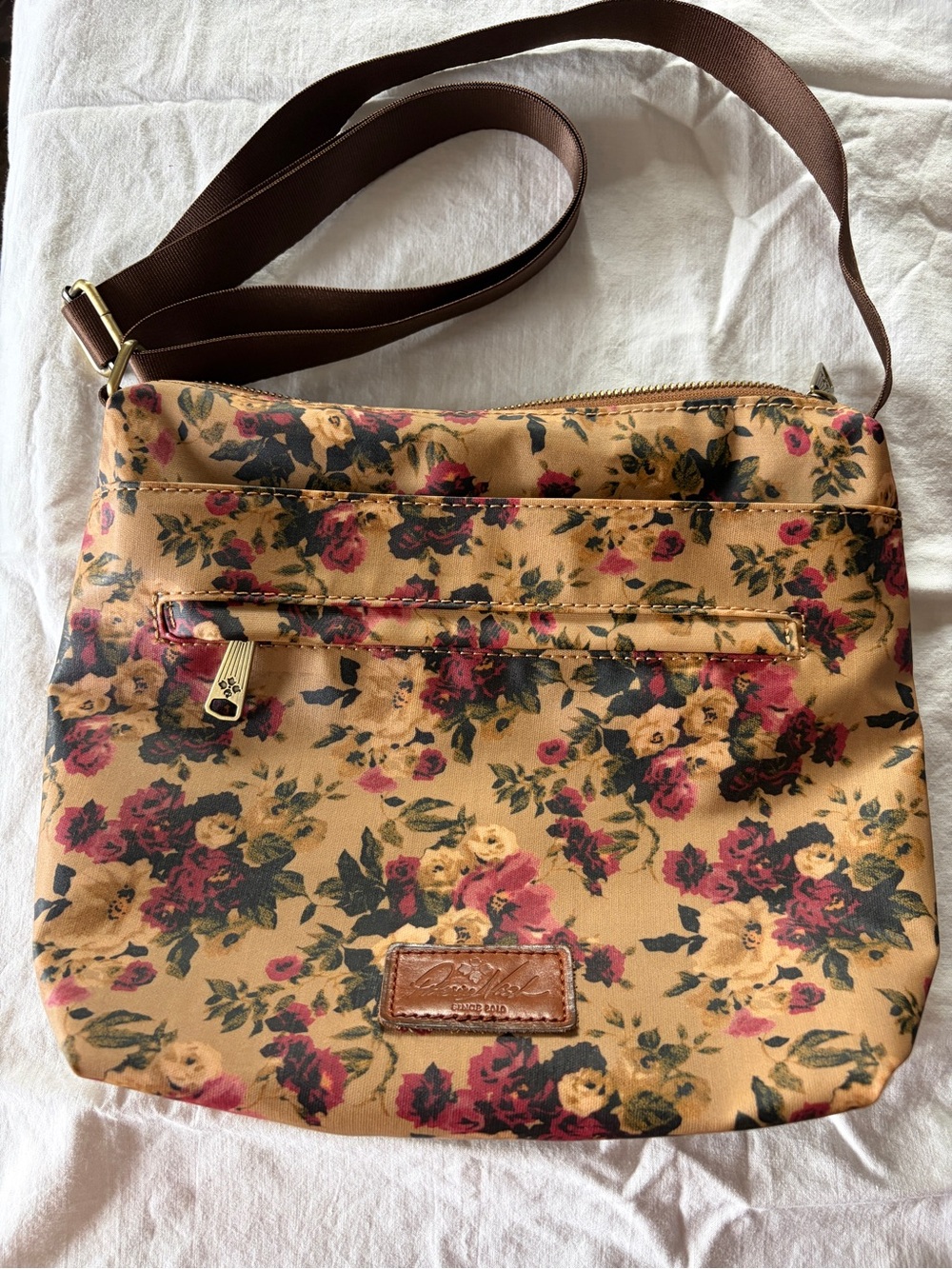 Patricia Nash Floral Crossbody in Mustard with Burgundy and Green Accents